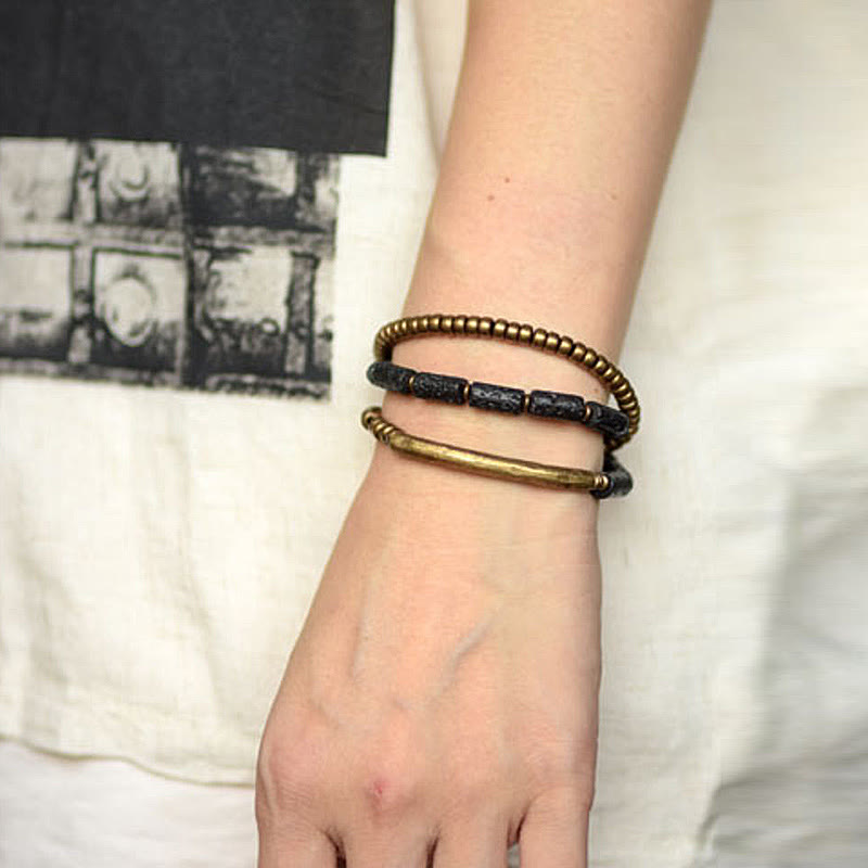 Pulsera de múltiples vueltas con piedras de Buda, roca de lava vintage, cobre y latón, para calmar