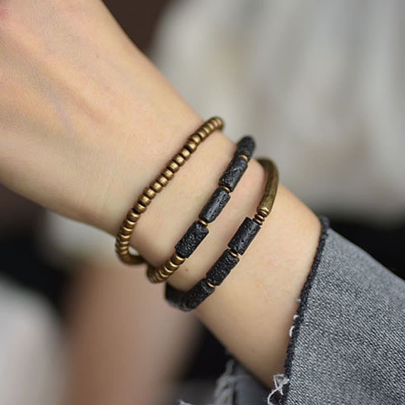 Pulsera de múltiples vueltas con piedras de Buda, roca de lava vintage, cobre y latón, para calmar