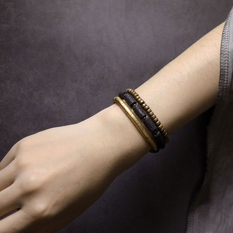Pulsera de múltiples vueltas con piedras de Buda, roca de lava vintage, cobre y latón, para calmar