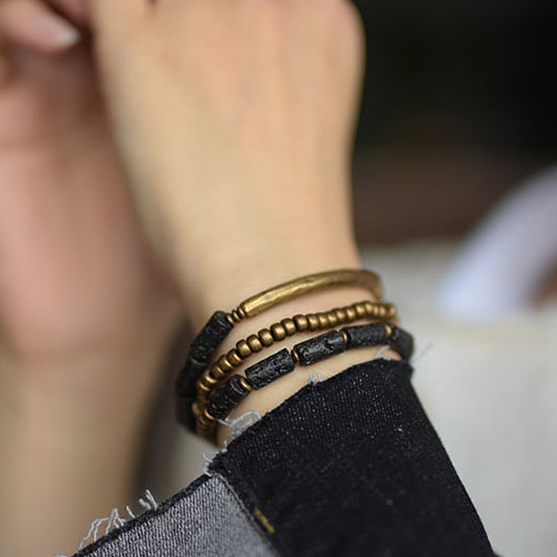 Pulsera de múltiples vueltas con piedras de Buda, roca de lava vintage, cobre y latón, para calmar