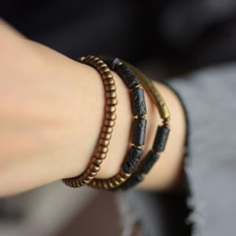 Pulsera de múltiples vueltas con piedras de Buda, roca de lava vintage, cobre y latón, para calmar