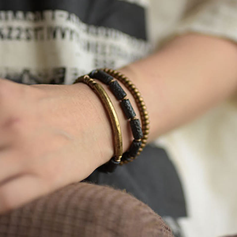 Pulsera de múltiples vueltas con piedras de Buda, roca de lava vintage, cobre y latón, para calmar