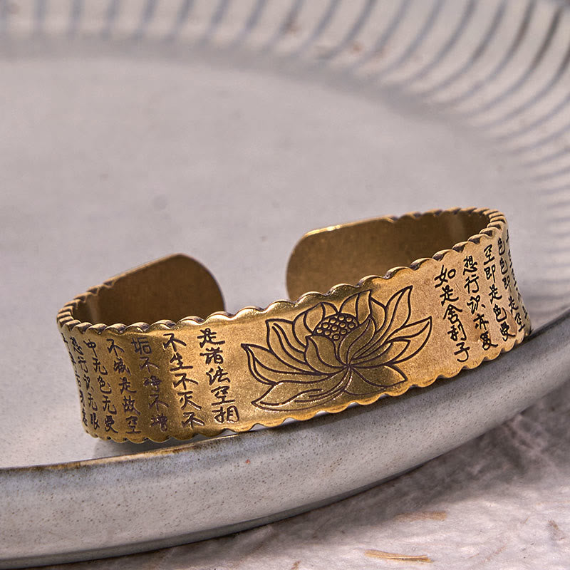 Buddha Steine Herz Sutra Lotus Blume Kupfer Messing Frieden Erleuchtung Manschette Armband Armreif