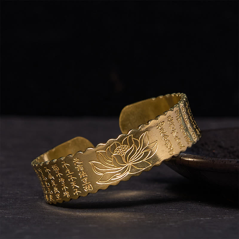 Buddha Steine Herz Sutra Lotus Blume Kupfer Messing Frieden Erleuchtung Manschette Armband Armreif