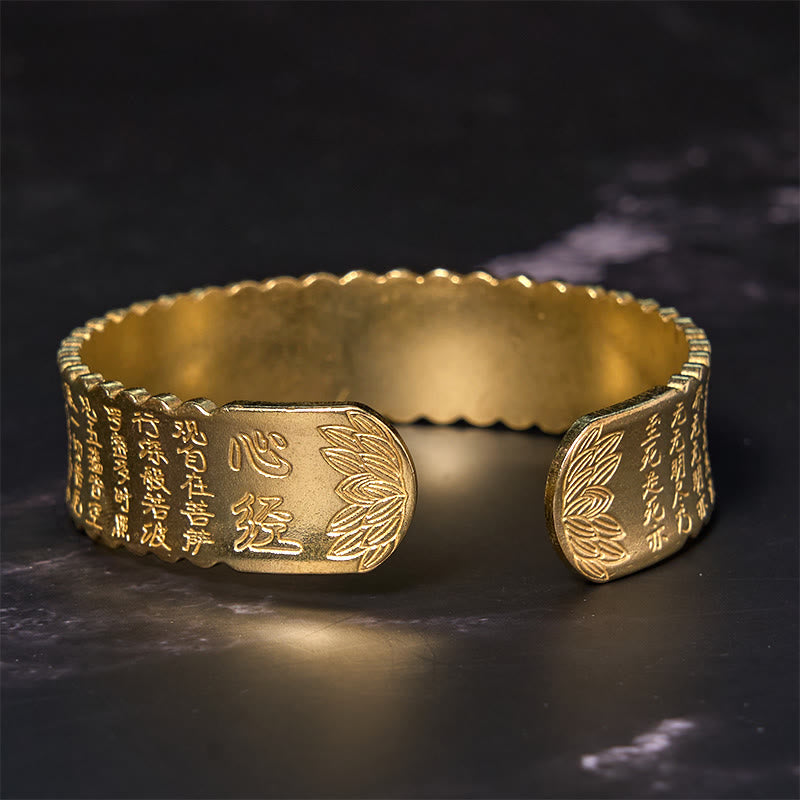 Buddha Steine Herz Sutra Lotus Blume Kupfer Messing Frieden Erleuchtung Manschette Armband Armreif