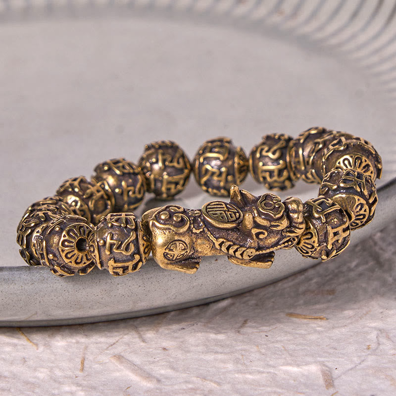 Pulsera de la riqueza con cuentas de latón y cobre, con piedras de Buda Pi Xiu y el símbolo Fu, seis palabras verdaderas "Om Mani Padme Hum".