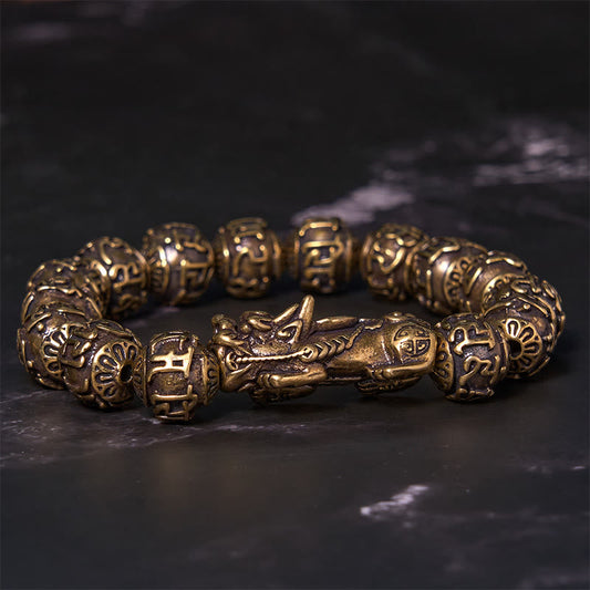 Buddha Stones Pi Xiu Carrying Fu Character Six True Words 'om Mani Padme Hum' Copper Brass Beads Wealth Bracelet Bangle
