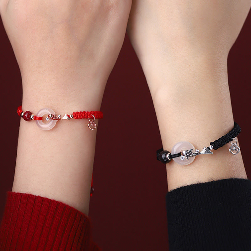 Pulsera de pareja con piedras de Buda, calcedonia hecha a mano, hebilla de paz, pez koi, plata de ley 925, hilo trenzado positivo