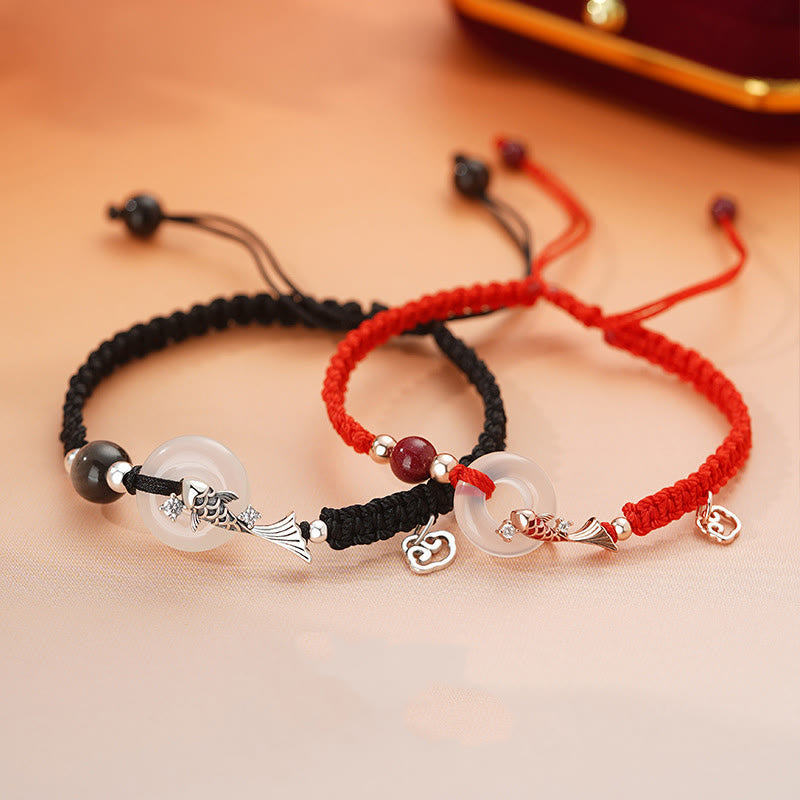 Pulsera de pareja con piedras de Buda, calcedonia hecha a mano, hebilla de paz, pez koi, plata de ley 925, hilo trenzado positivo