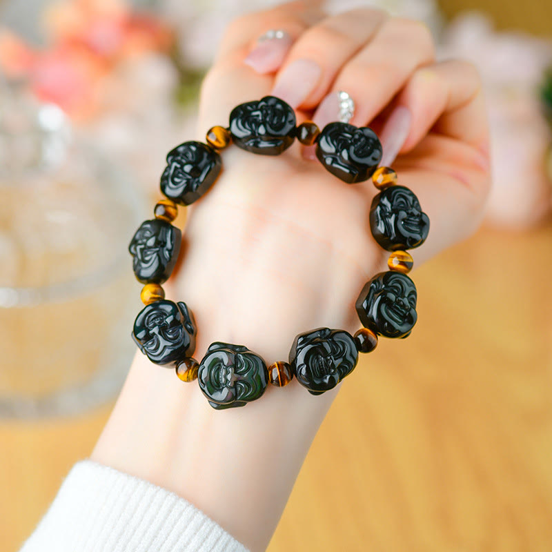 Pulsera de transformación positiva de Buda sonriente con obsidiana arcoíris y piedras de Buda