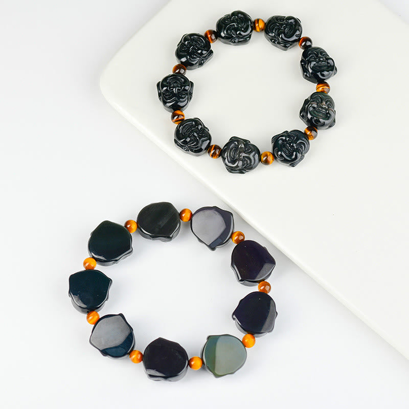Pulsera de transformación positiva de Buda sonriente con obsidiana arcoíris y piedras de Buda