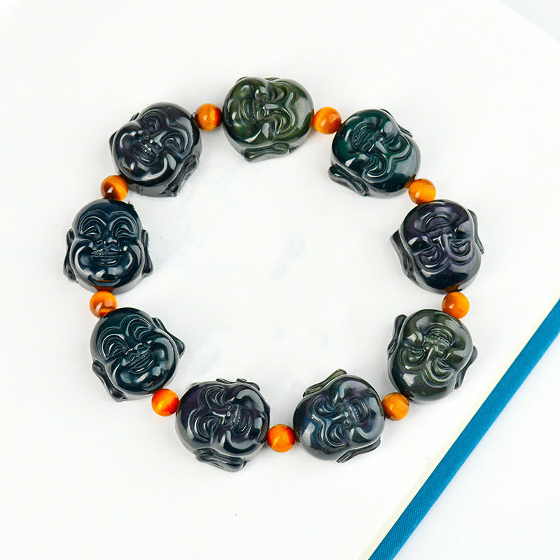Pulsera de transformación positiva de Buda sonriente con obsidiana arcoíris y piedras de Buda
