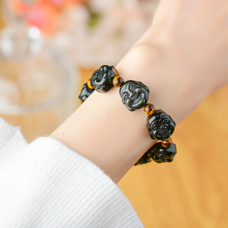 Pulsera de transformación positiva de Buda sonriente con obsidiana arcoíris y piedras de Buda
