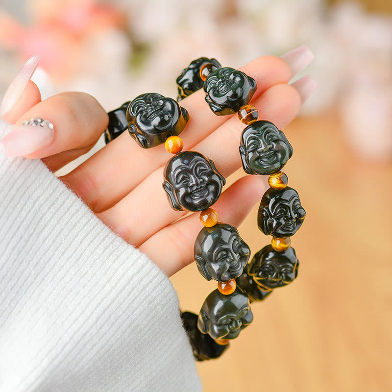 Pulsera de transformación positiva de Buda sonriente con obsidiana arcoíris y piedras de Buda