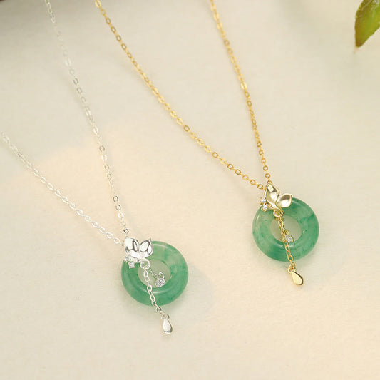 Buddha Stones 925 Sterling Silver Jade Butterfly Peace Buckle Prosperity Necklace Pendant