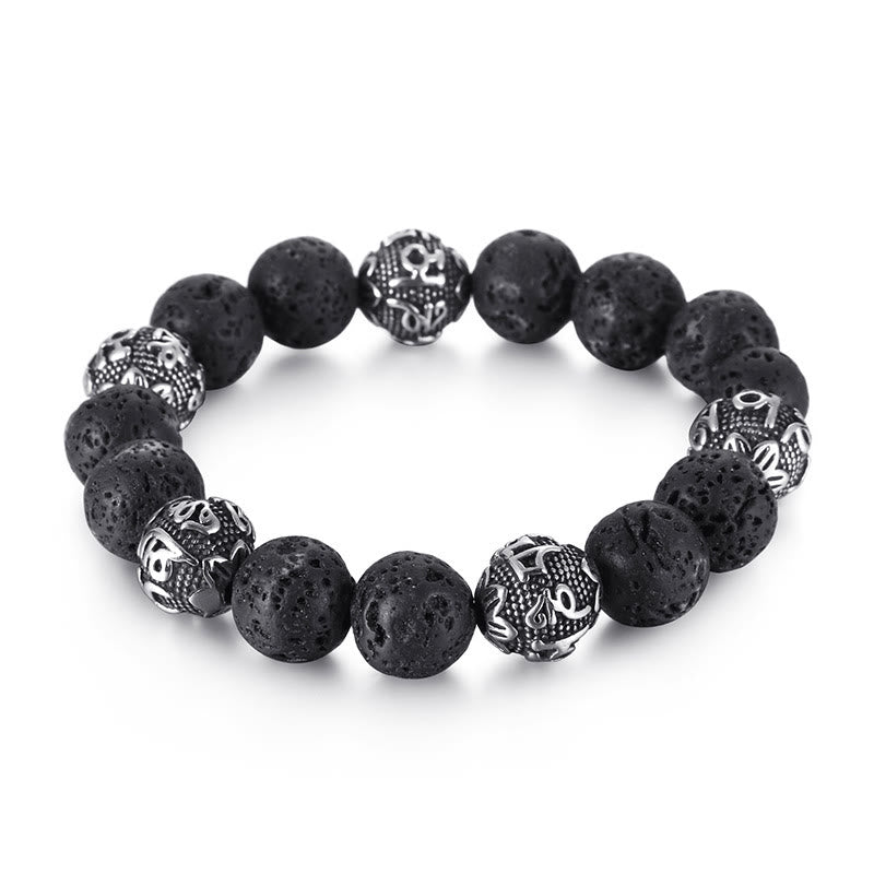 Pulsera curativa Om Mani Padme Hum con seis palabras verdaderas de acero y titanio con piedras de Buda, roca de lava natural y ojo de tigre