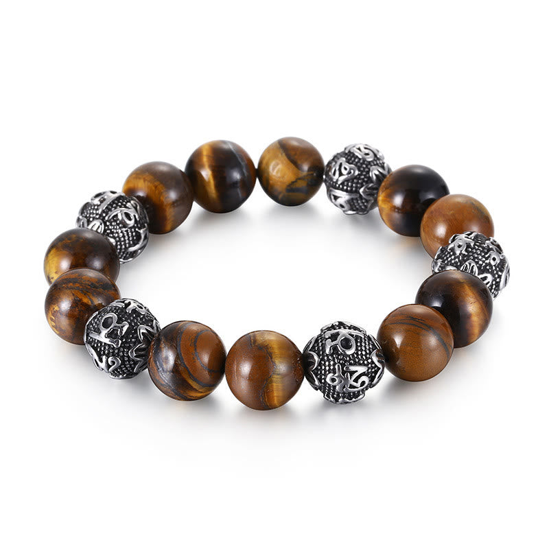 Pulsera curativa Om Mani Padme Hum con seis palabras verdaderas de acero y titanio con piedras de Buda, roca de lava natural y ojo de tigre