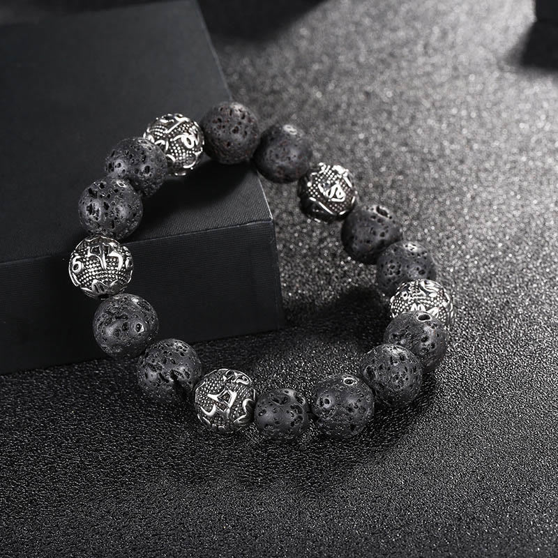 Pulsera curativa Om Mani Padme Hum con seis palabras verdaderas de acero y titanio con piedras de Buda, roca de lava natural y ojo de tigre