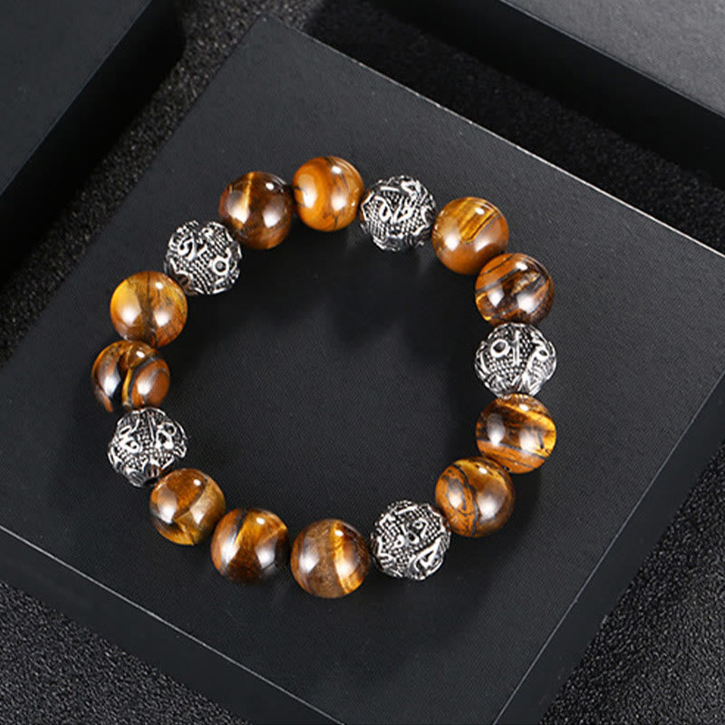 Pulsera curativa Om Mani Padme Hum con seis palabras verdaderas de acero y titanio con piedras de Buda, roca de lava natural y ojo de tigre