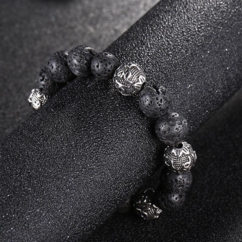 Pulsera curativa Om Mani Padme Hum con seis palabras verdaderas de acero y titanio con piedras de Buda, roca de lava natural y ojo de tigre