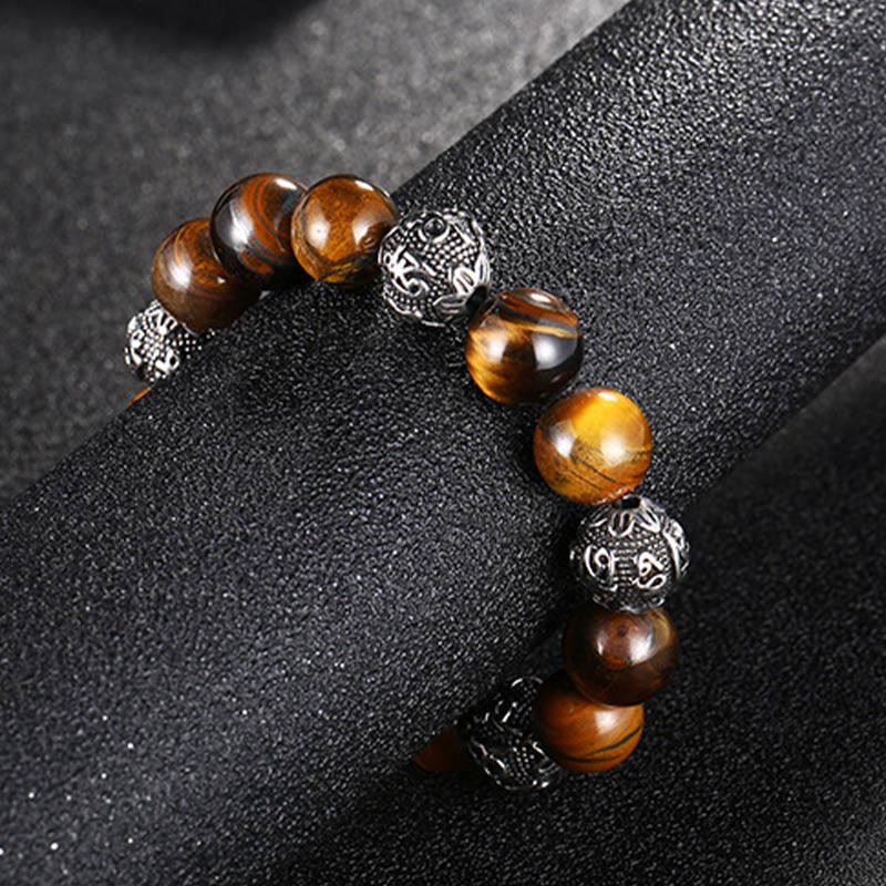Pulsera curativa Om Mani Padme Hum con seis palabras verdaderas de acero y titanio con piedras de Buda, roca de lava natural y ojo de tigre