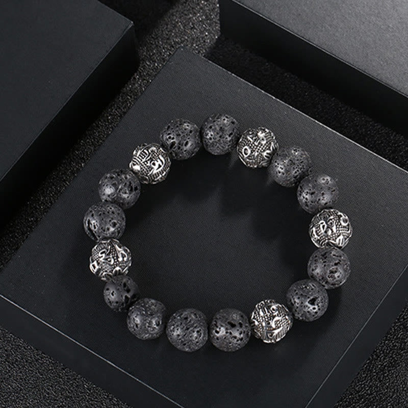 Pulsera curativa Om Mani Padme Hum con seis palabras verdaderas de acero y titanio con piedras de Buda, roca de lava natural y ojo de tigre