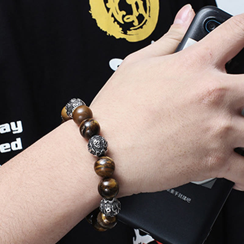 Pulsera curativa Om Mani Padme Hum con seis palabras verdaderas de acero y titanio con piedras de Buda, roca de lava natural y ojo de tigre