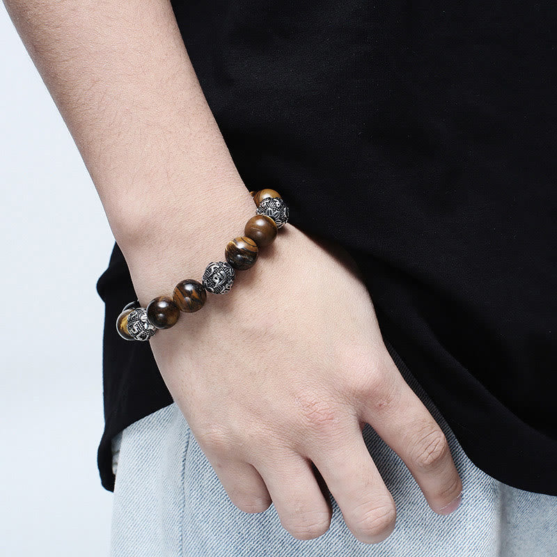 Pulsera curativa Om Mani Padme Hum con seis palabras verdaderas de acero y titanio con piedras de Buda, roca de lava natural y ojo de tigre