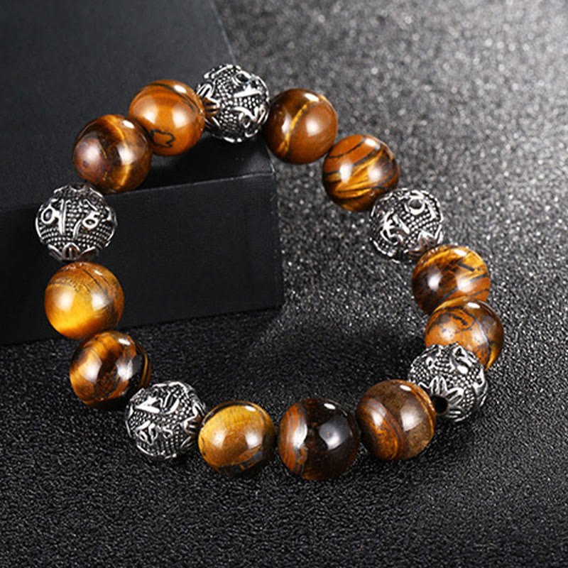 Pulsera curativa Om Mani Padme Hum con seis palabras verdaderas de acero y titanio con piedras de Buda, roca de lava natural y ojo de tigre