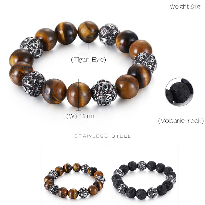 Pulsera curativa Om Mani Padme Hum con seis palabras verdaderas de acero y titanio con piedras de Buda, roca de lava natural y ojo de tigre