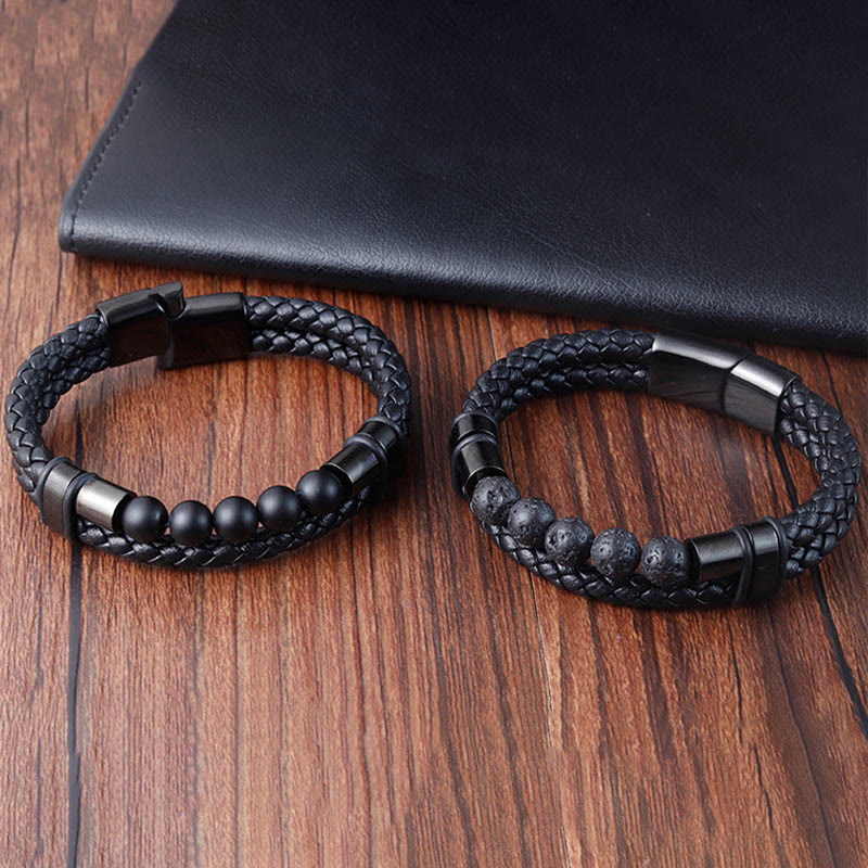 Pulsera de cuero con hebilla magnética, piedras de lava de Buda y piedra esmerilada curativa
