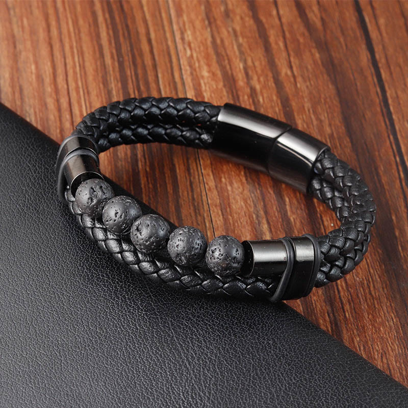 Pulsera de cuero con hebilla magnética, piedras de lava de Buda y piedra esmerilada curativa