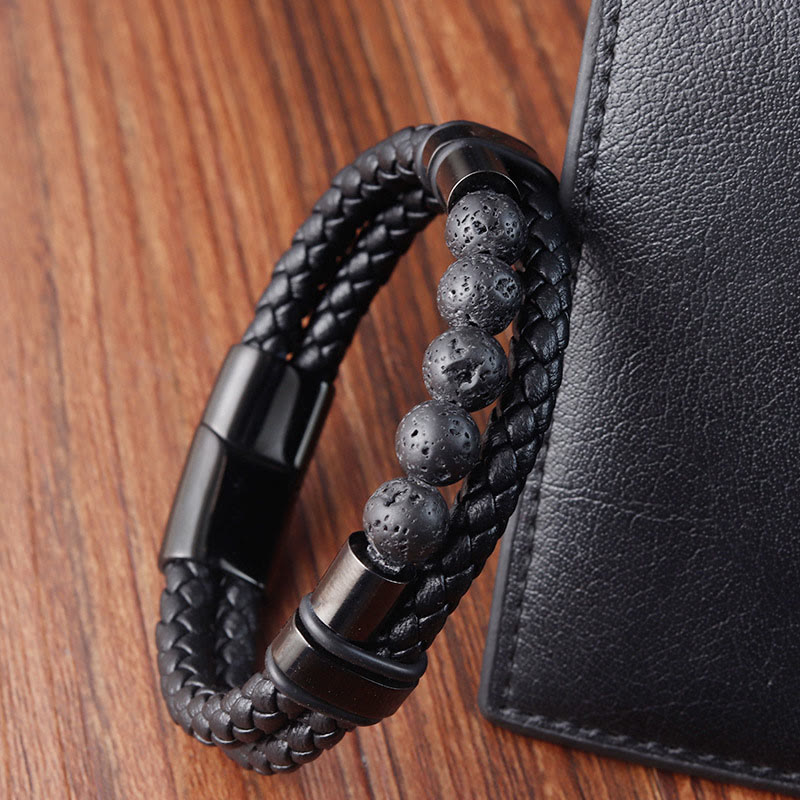 Pulsera de cuero con hebilla magnética, piedras de lava de Buda y piedra esmerilada curativa
