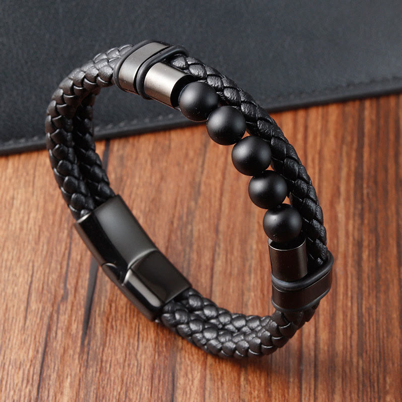 Pulsera de cuero con hebilla magnética, piedras de lava de Buda y piedra esmerilada curativa