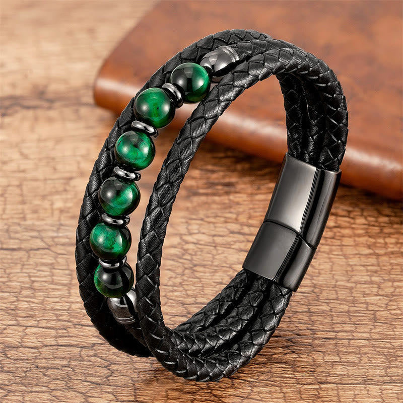 Pulsera de cuero con cuentas de Buda, ojo de tigre, lava, hematita y ónix negro