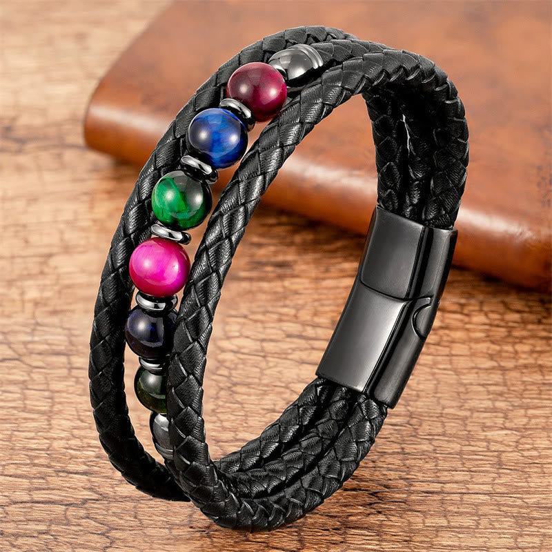Pulsera de cuero con cuentas de Buda, ojo de tigre, lava, hematita y ónix negro