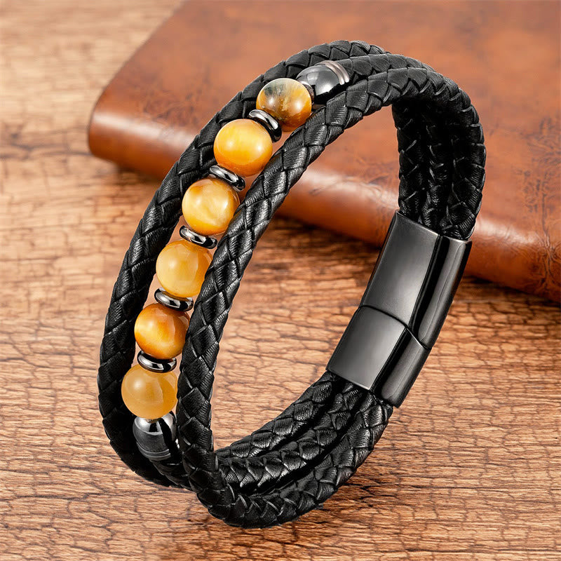 Pulsera de cuero con cuentas de Buda, ojo de tigre, lava, hematita y ónix negro