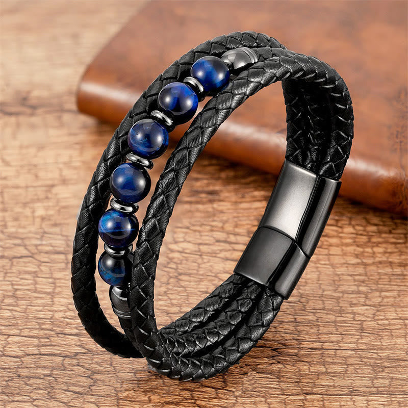 Pulsera de cuero con cuentas de Buda, ojo de tigre, lava, hematita y ónix negro
