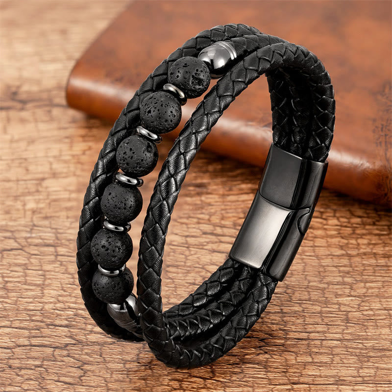 Pulsera de cuero con cuentas de Buda, ojo de tigre, lava, hematita y ónix negro