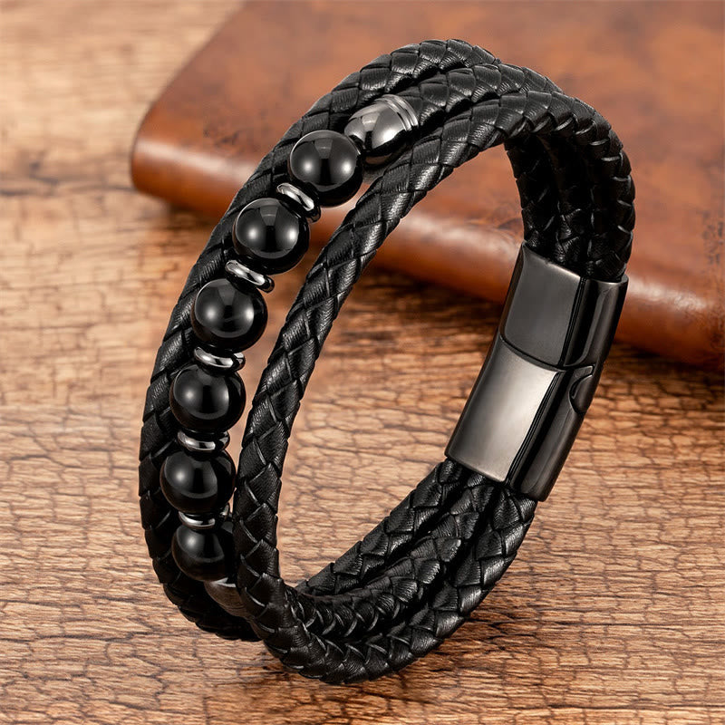 Pulsera de cuero con cuentas de Buda, ojo de tigre, lava, hematita y ónix negro