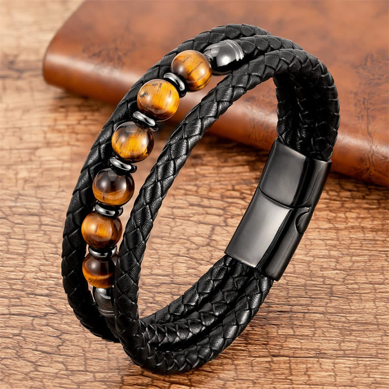 Pulsera de cuero con cuentas de Buda, ojo de tigre, lava, hematita y ónix negro