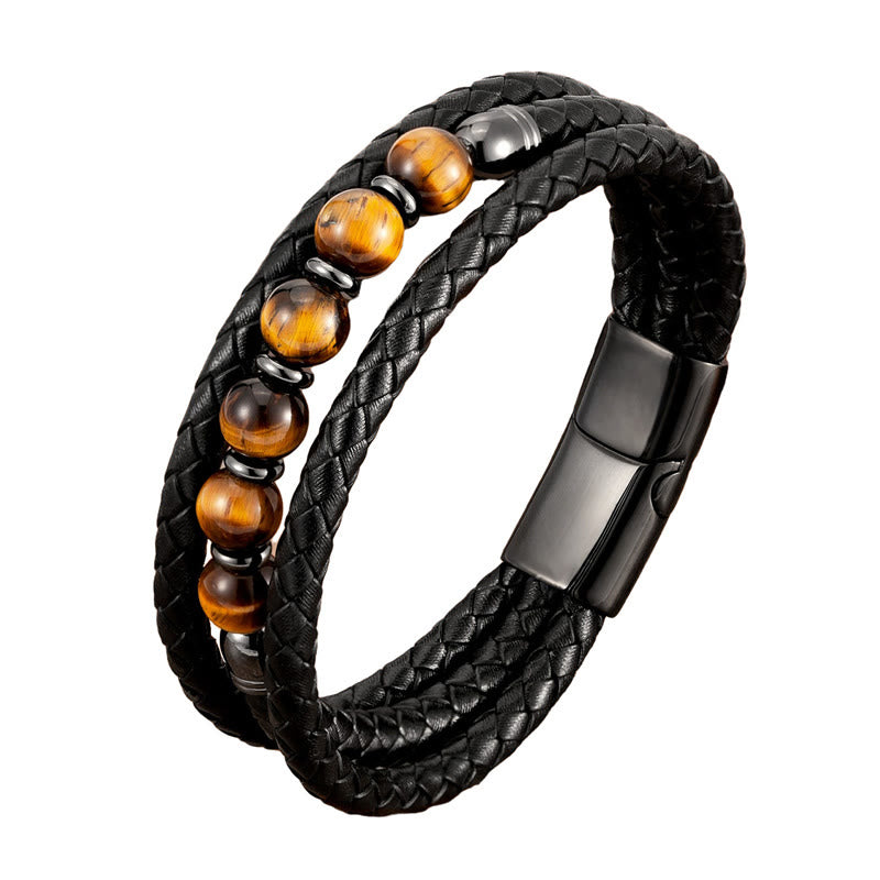 Pulsera de cuero con cuentas de Buda, ojo de tigre, lava, hematita y ónix negro