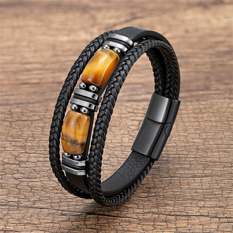 Pulsera de cuero multicapa con piedras de Buda, ojo de tigre, coraje y fuerza de voluntad