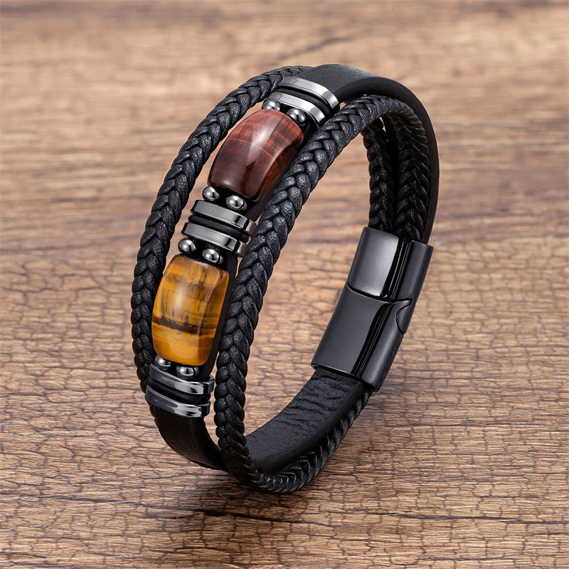 Pulsera de cuero multicapa con piedras de Buda, ojo de tigre, coraje y fuerza de voluntad