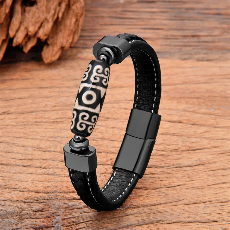 Pulsera de cuero con cuentas Dzi tibetanas de Buda y bendiciones de protección