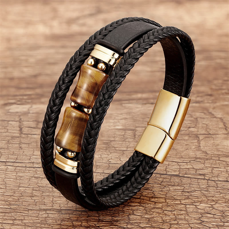 Pulsera de cuero multicapa con piedras de Buda, ojo de tigre y bambú, integridad y coraje