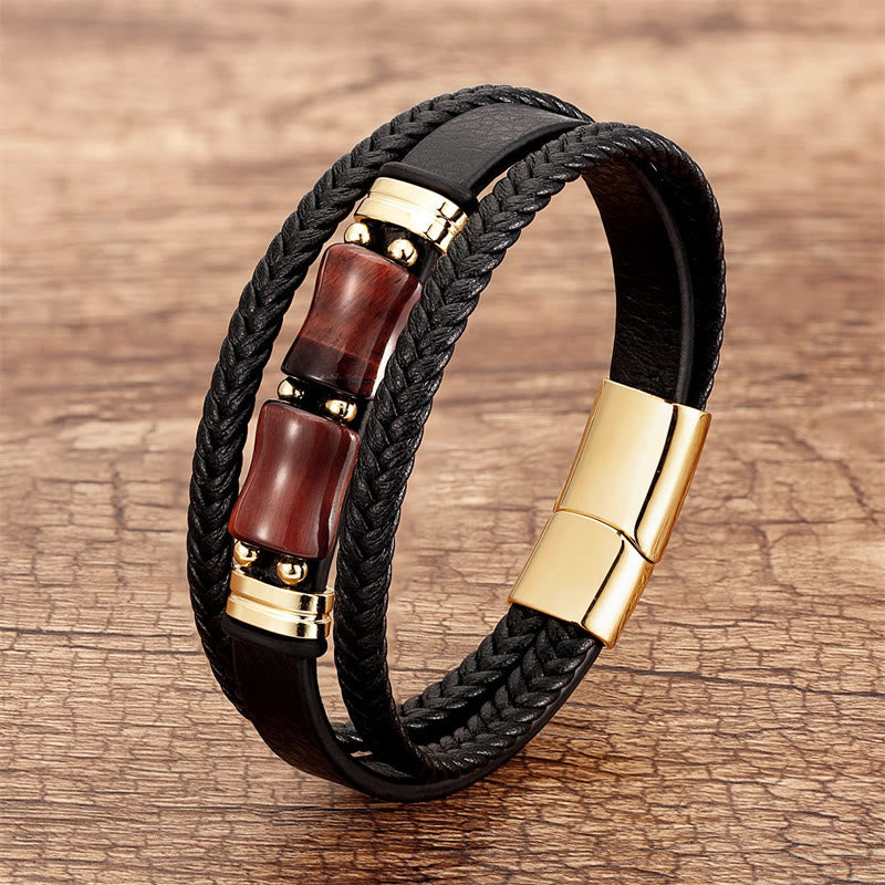 Pulsera de cuero multicapa con piedras de Buda, ojo de tigre y bambú, integridad y coraje