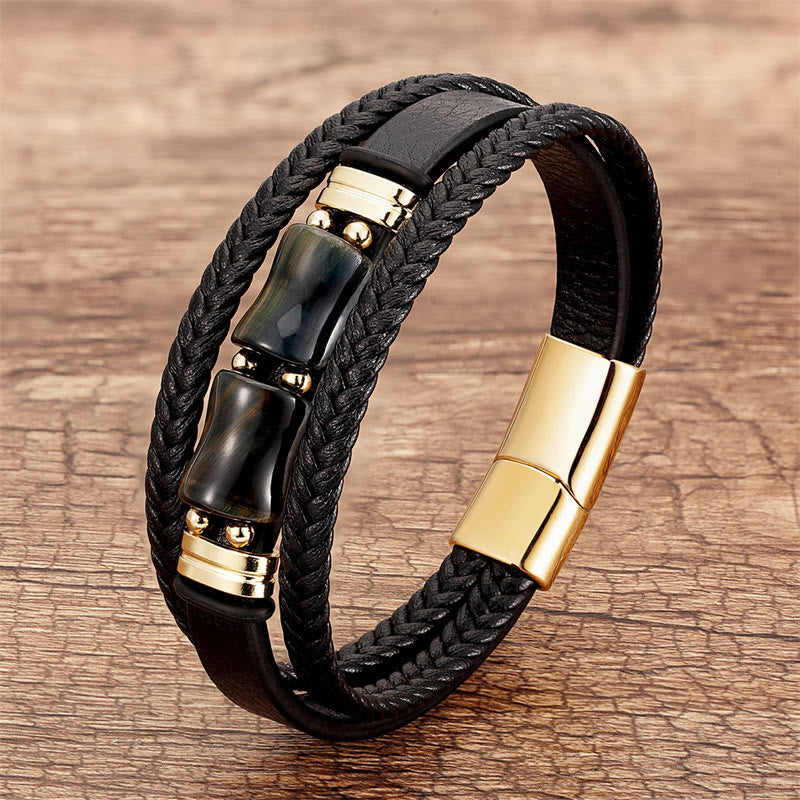 Pulsera de cuero multicapa con piedras de Buda, ojo de tigre y bambú, integridad y coraje