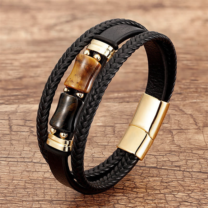 Pulsera de cuero multicapa con piedras de Buda, ojo de tigre y bambú, integridad y coraje