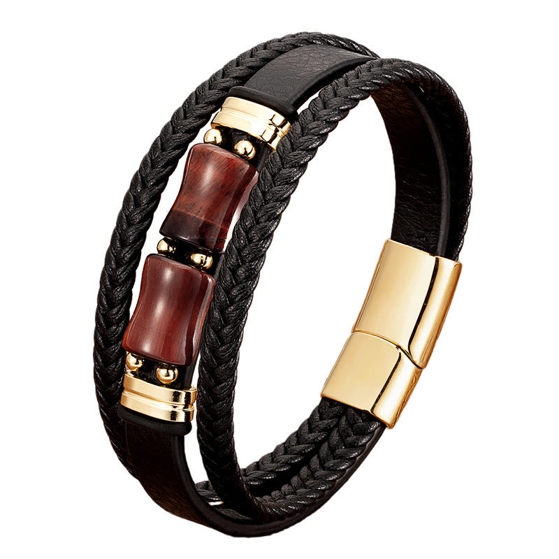 Pulsera de cuero multicapa con piedras de Buda, ojo de tigre y bambú, integridad y coraje